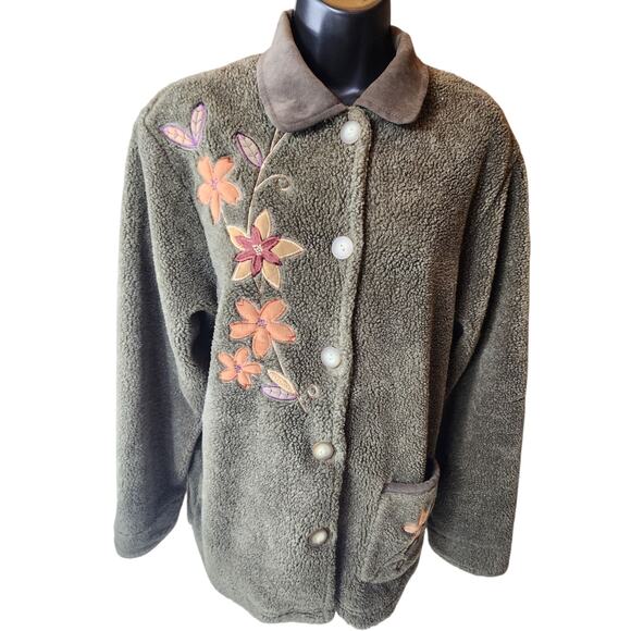 Teddi Floral Embroidered Sherpa Fleece Jacket Women Large Cozy Fall Cottagecore - Picture 7 of 15
